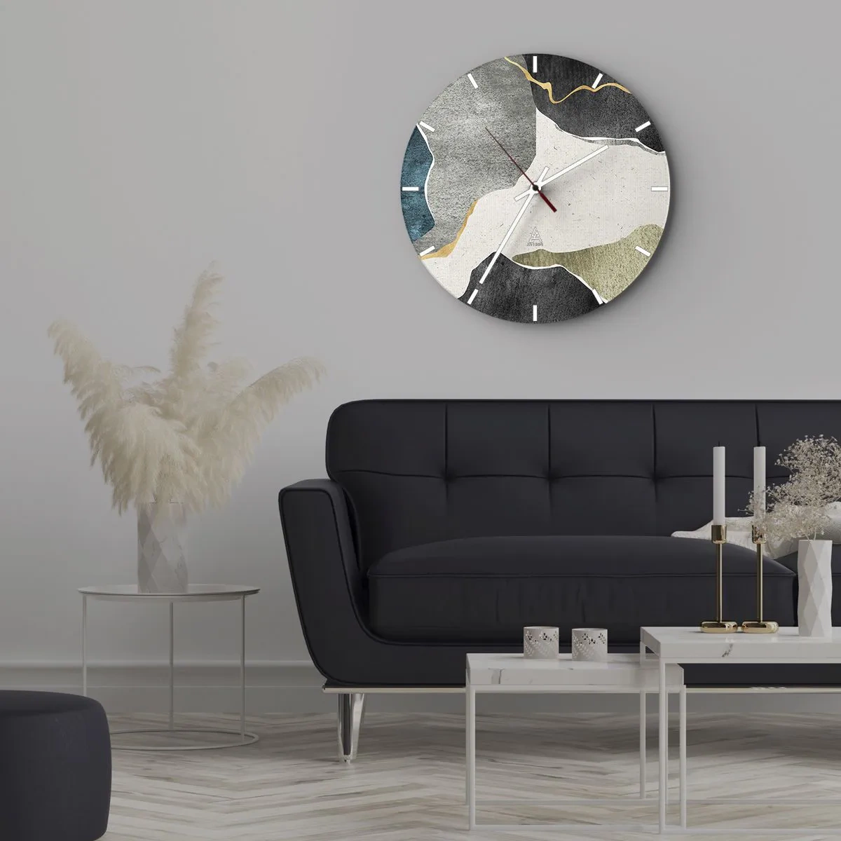 Falióra, Óra - Színes foltok és egy arany vonal mozaikmintát hoznak létre - 30x30cm - Mozaik kompozíció aranyszállal - Modern fali dekoráció nappalihoz, konyhához és hálószobához ARTTOR
