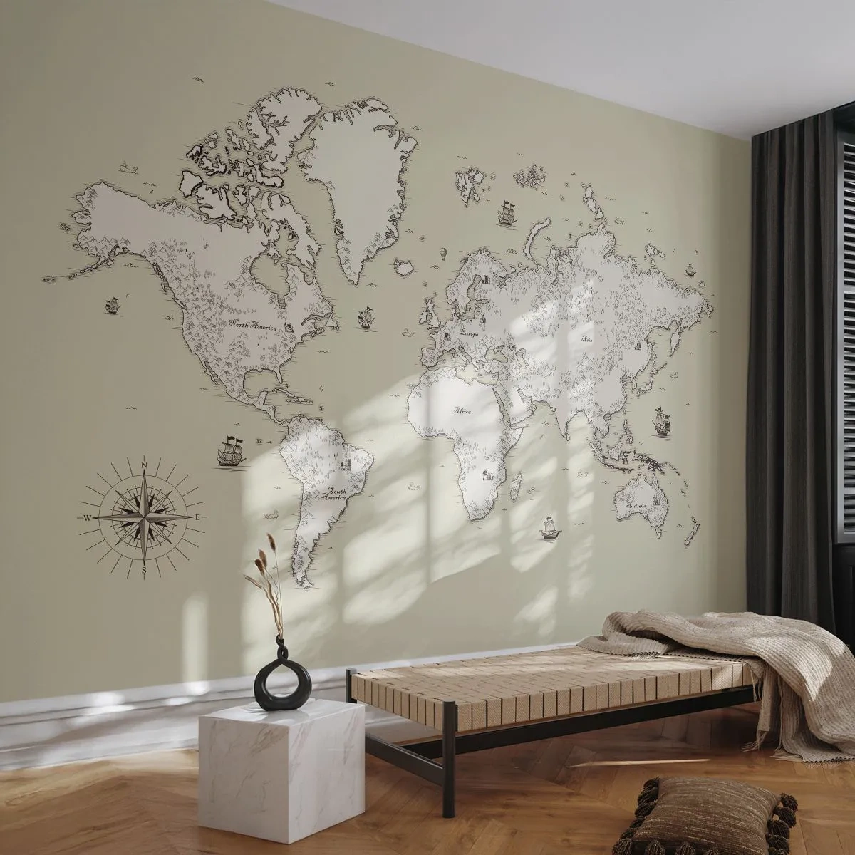 Fotótapéta Premium Sand - Világkörüli utazás - Világtérkép, Kontinensek, Kalózhajó - 100x70 cm