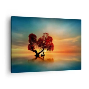 Vászonkép - Egy vörös levelű fa és egy csónak a vízen naplementekor - 70x50cm - A világtalanság csendje és az eltávoldotak - Modern fali dekoráció nappalihoz és hálószobához ARTTOR