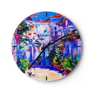 Falióra, Óra - Egy bájos terasz tele intenzív színű virágokkal - 30x30cm - Impresszió - olasz kis utca - Modern fali dekoráció nappalihoz, konyhához és hálószobához ARTTOR