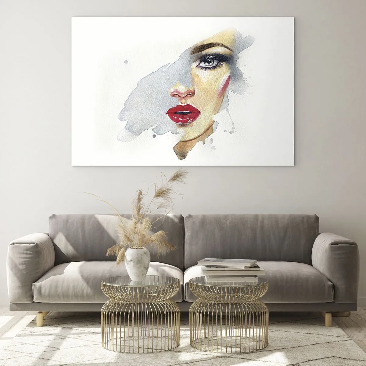 Üveg kép - Akvarell portré egy nőről, piros ajkakkal - 70x50cm - Egy vízcsepp tükörkép  - Modern fali dekoráció nappalihoz és hálószobához ARTTOR