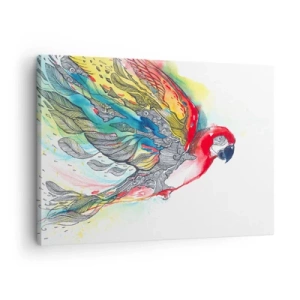 Vászonkép - Egy színes papagáj repülés közben, absztrakt mintákkal a szárnyain. - 70x50cm - Élj színesen - Modern fali dekoráció nappalihoz és hálószobához ARTTOR