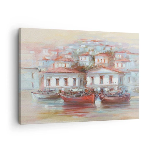Vászonkép - Színes hajók és festői épületek a vízparton pasztell árnyalatokban - 70x50cm - Boldog kisváros - Modern fali dekoráció nappalihoz és hálószobához ARTTOR
