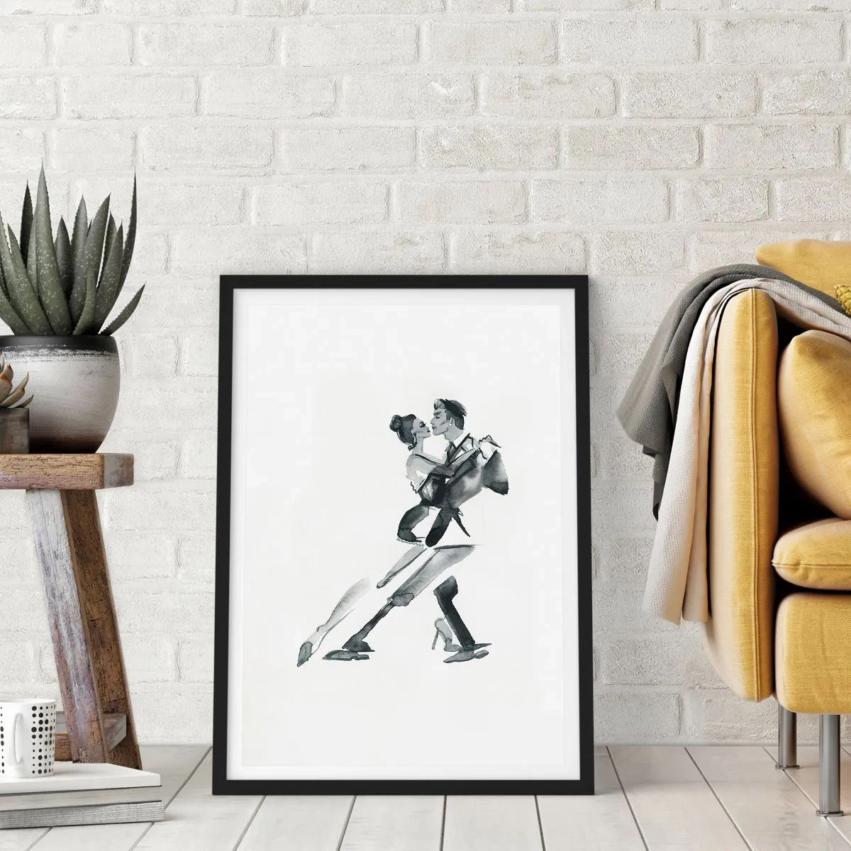 Poszter fehér keretben - Táncoló pár fekete-fehér akvarellfestménye - 50x70cm - Egy ütemben - Modern fali dekoráció nappalihoz és hálószobához ARTTOR