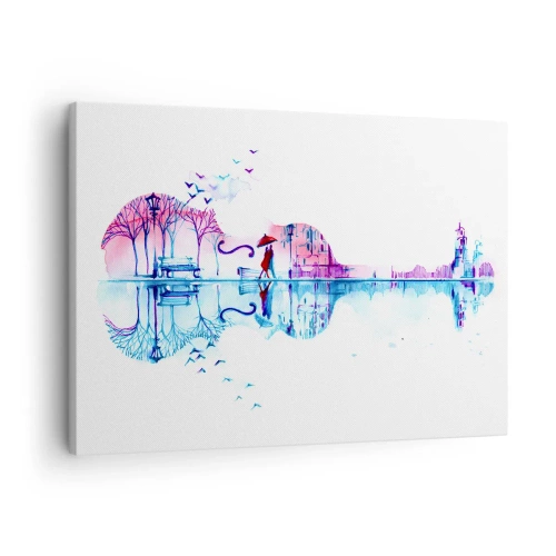 Vászonkép - Hegedű alakú város sziluettje akvarell színekben - 70x50cm - Eső dalokat hozok nektek - Modern fali dekoráció nappalihoz és hálószobához ARTTOR