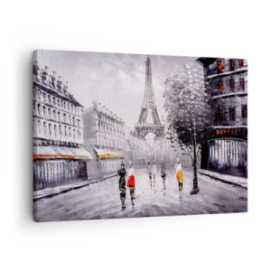 Vászonkép - Az Eiffel-torony látványa monokróm környezetben, színes kiegészítőkkel - 70x50cm - Párizsi séta - Modern fali dekoráció nappalihoz és hálószobához ARTTOR