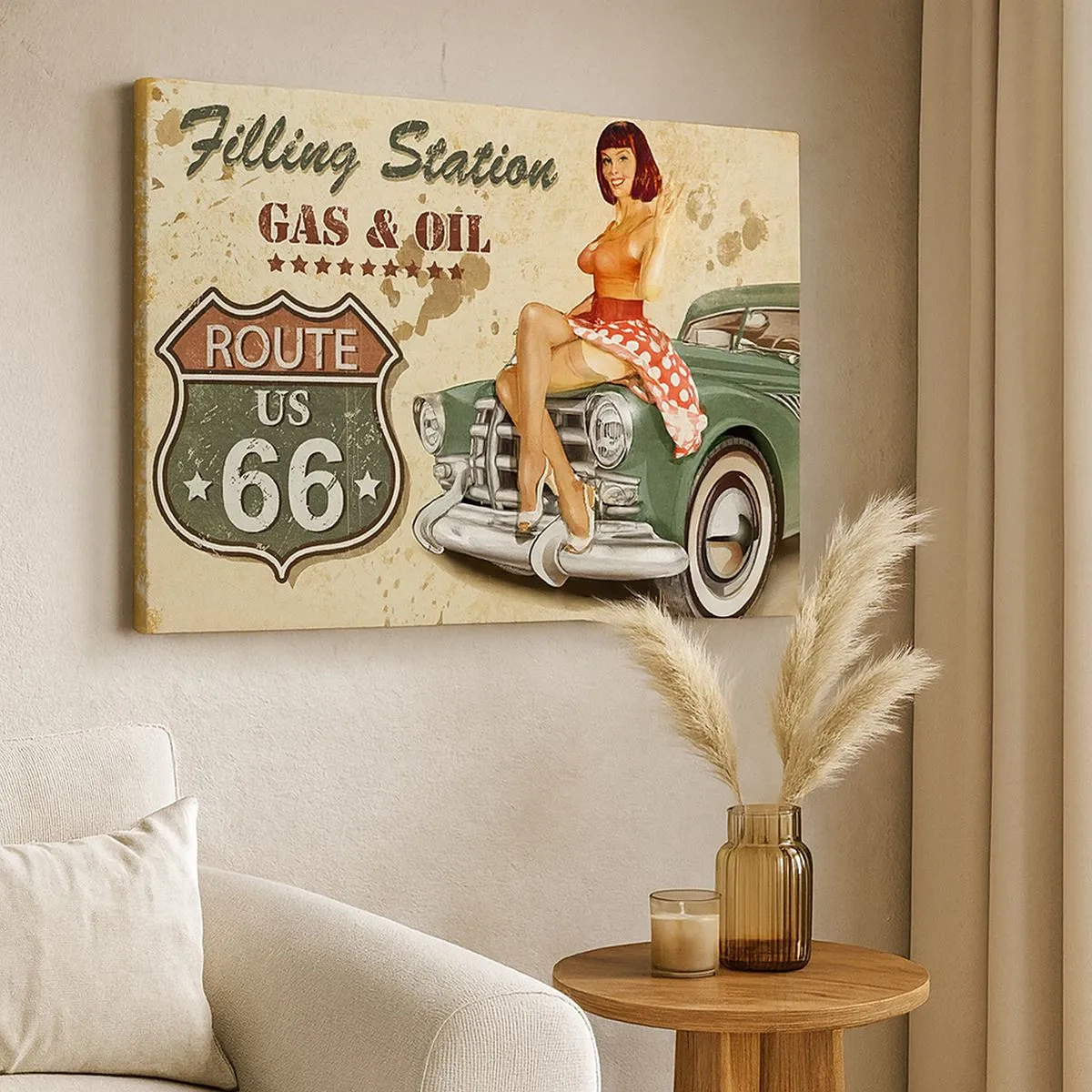 Vászonkép - Retro Route 66 poszter pin-up lánnyal és autóval - 70x50cm - A csodálatos 40-es évek. - Modern fali dekoráció nappalihoz és hálószobához ARTTOR