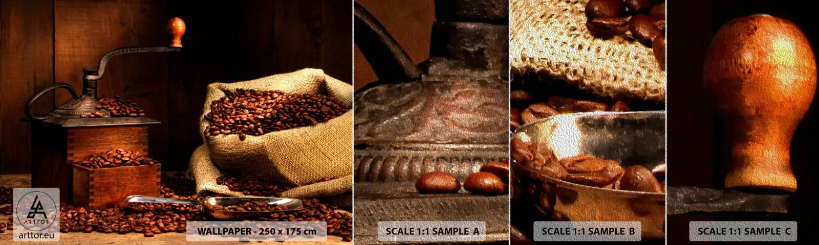 Fotótapéta Minta Premium Sand - Csendélet szemes kávéval és darálóval - Gasztronómia, Kávé, Kávédaráló - 100x30 cm