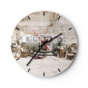Falióra, Óra - Lakóautó dekoratív elemekkel, természetes táj háttér előtt - 30x30cm - Ideje elkezdeni az utazást - Modern fali dekoráció nappalihoz, konyhához és hálószobához ARTTOR