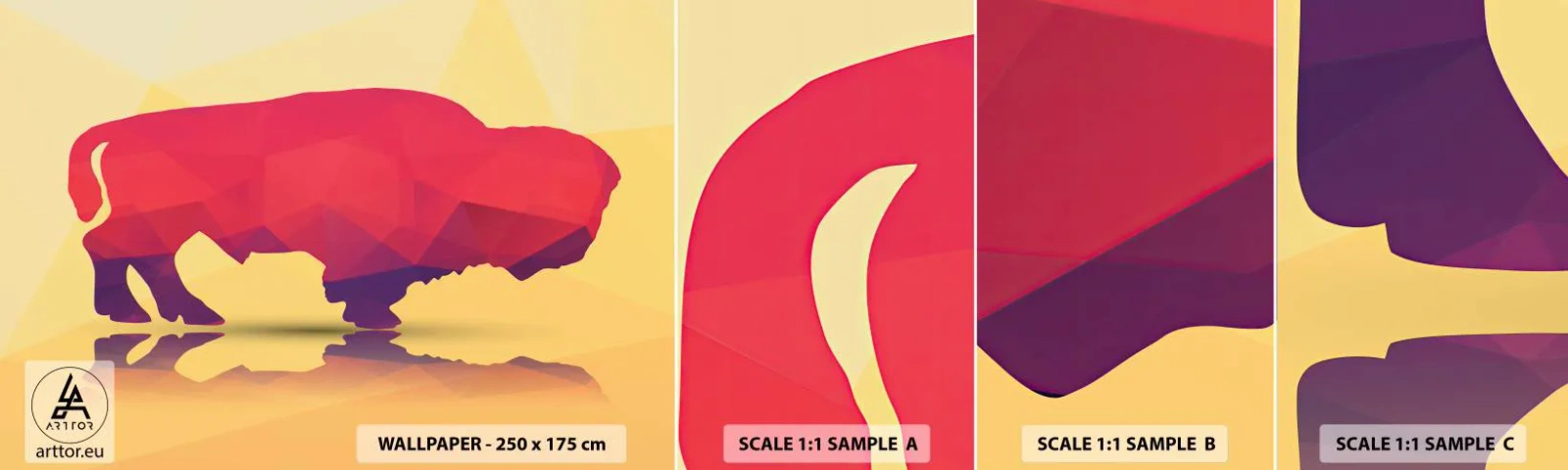 Fotótapéta Minta Öntapadós Deluxe Sticker - Az európai bölény amaránt erőssége - Állatok, Wisent, Geometriai ábra - 100x30 cm