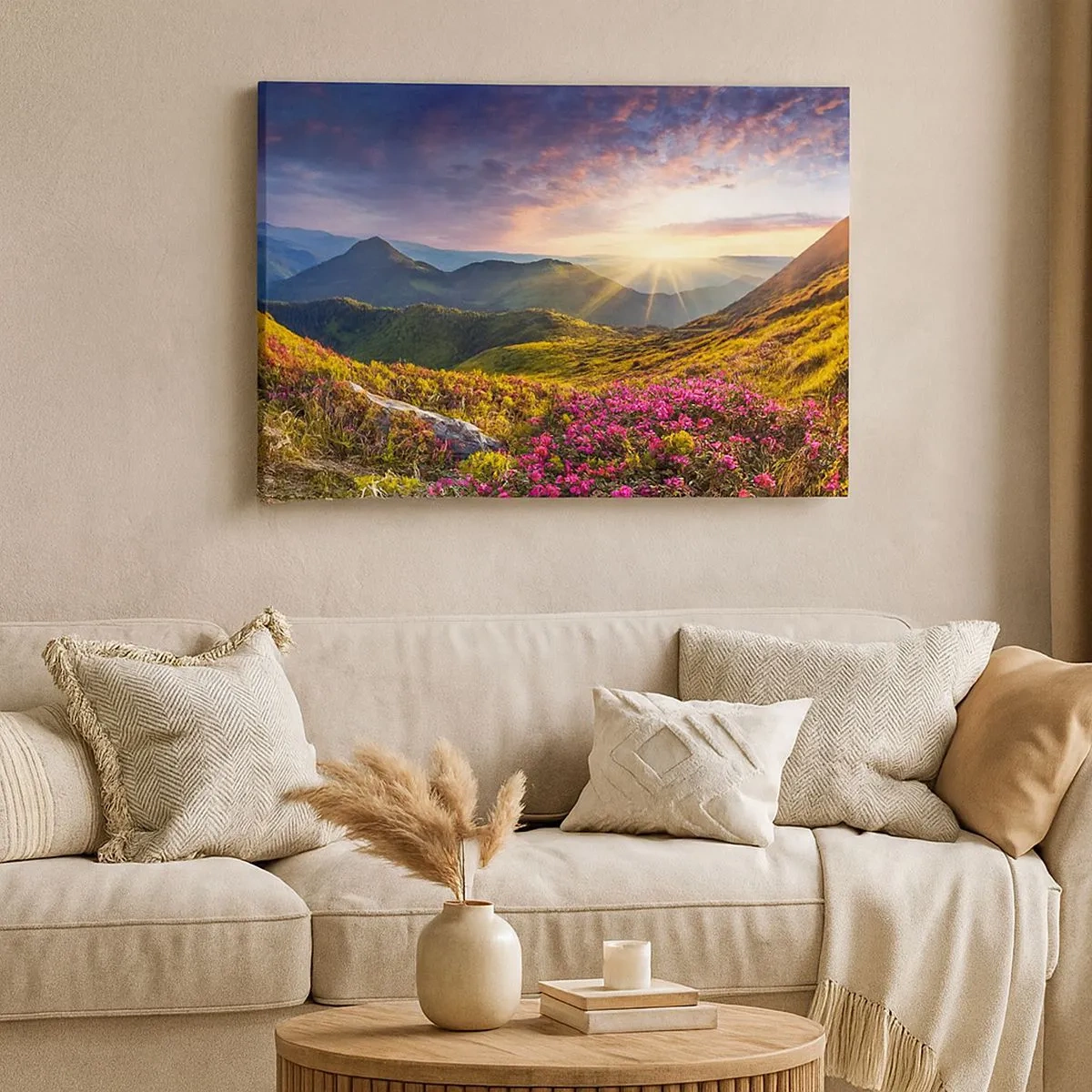 Vászonkép - Hegyi táj virágzó rododendronokkal - 70x50cm - A Hegyi reggeli frissesség - Modern fali dekoráció nappalihoz és hálószobához ARTTOR