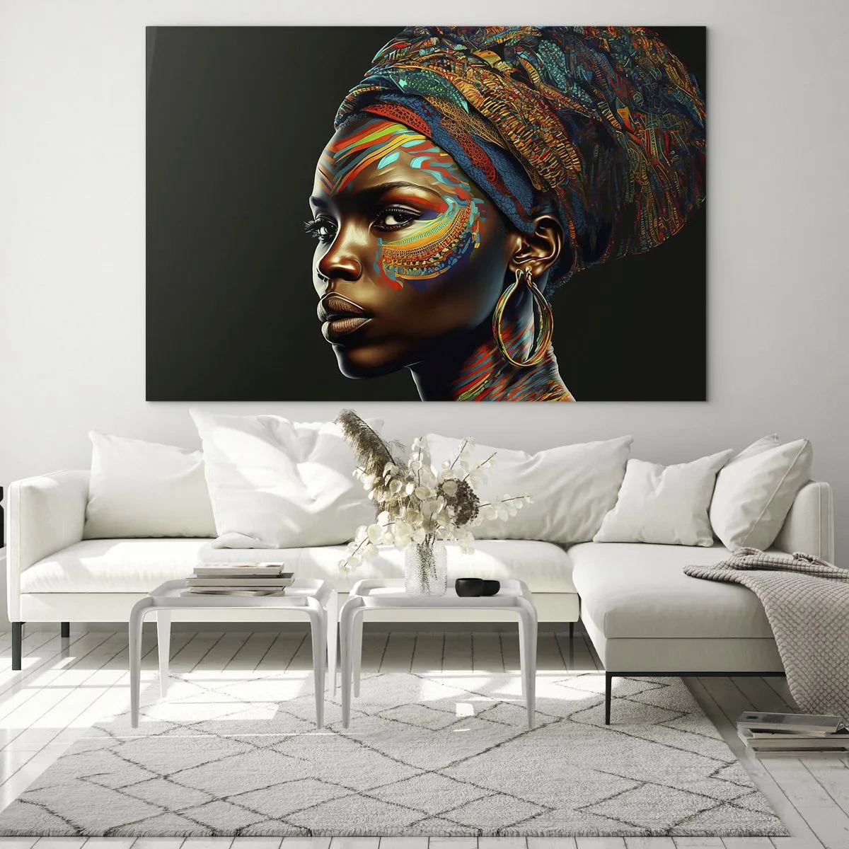 Üveg kép - Színes festményű, turbános nő portréja - 70x50cm - Afrikai királynő - Modern fali dekoráció nappalihoz és hálószobához ARTTOR