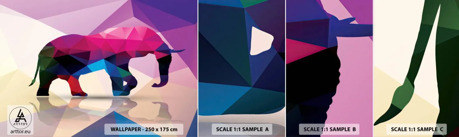 Fotótapéta Minta Öntapadós Deluxe Sticker - Kristály dinoszaurusz - Állatok, Elefánt, Geometriai ábra - 100x30 cm