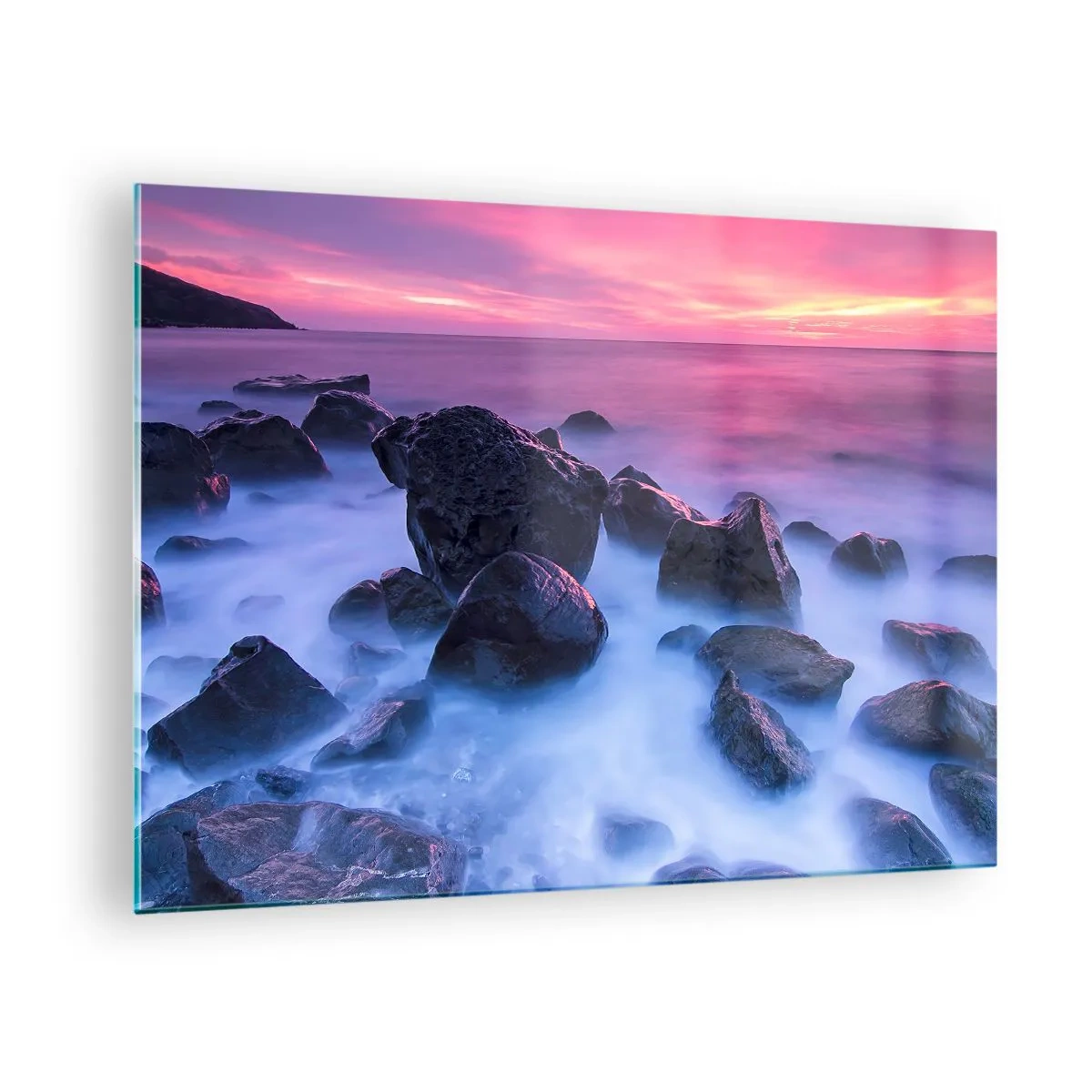 Üveg kép - Hullámok csapódnak a szikláknak naplementekor - 70x50cm - Születés fényben és ködben - Modern fali dekoráció nappalihoz és hálószobához ARTTOR
