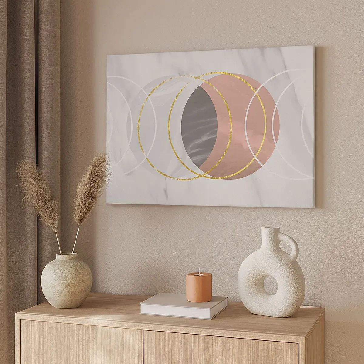 Vászonkép - Absztrakt geometrikus kompozíció körökkel és fémes részletekkel - 70x50cm - A szférák zenéje - Modern fali dekoráció nappalihoz és hálószobához ARTTOR