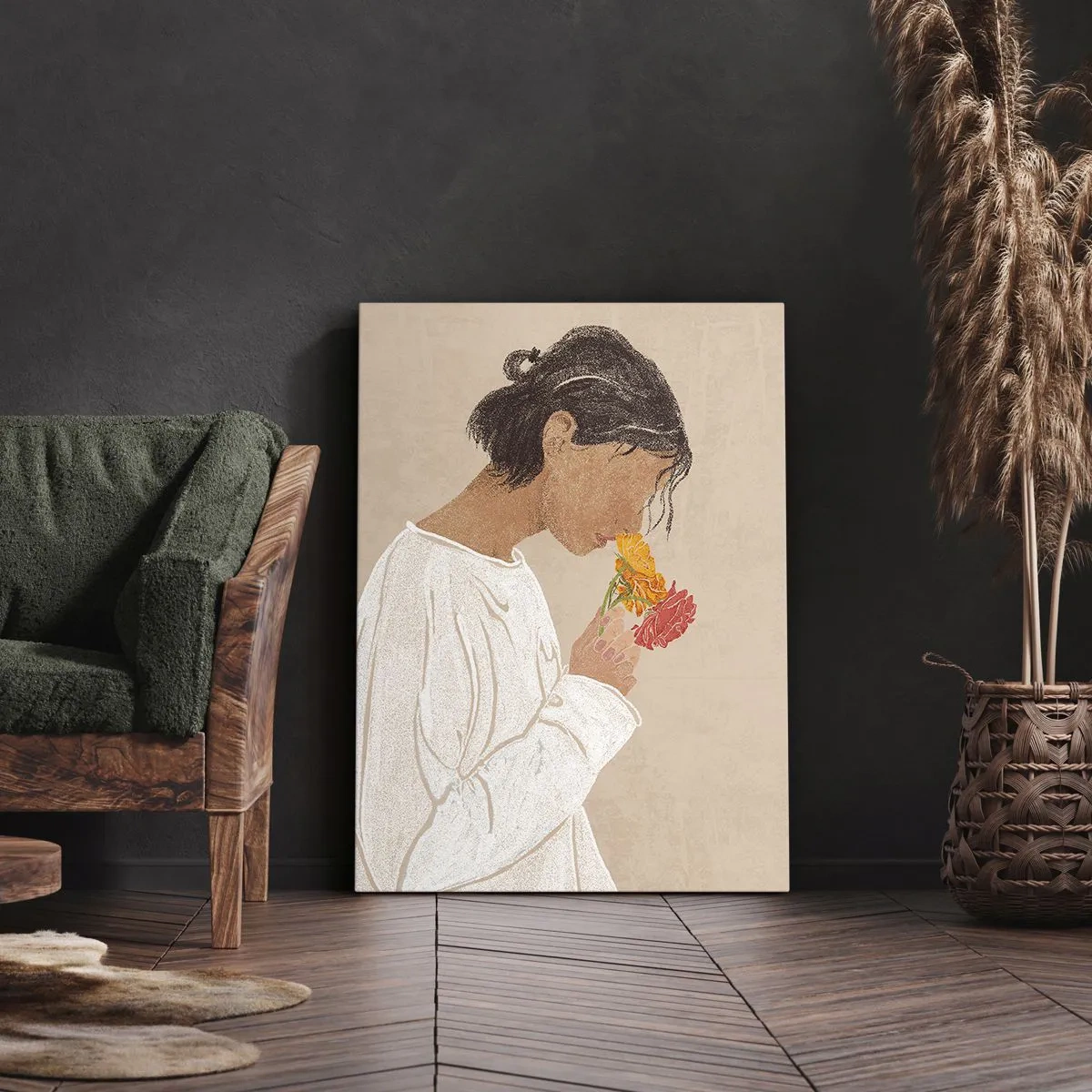 Vászonkép - Lány és virágok - 45x80 cm