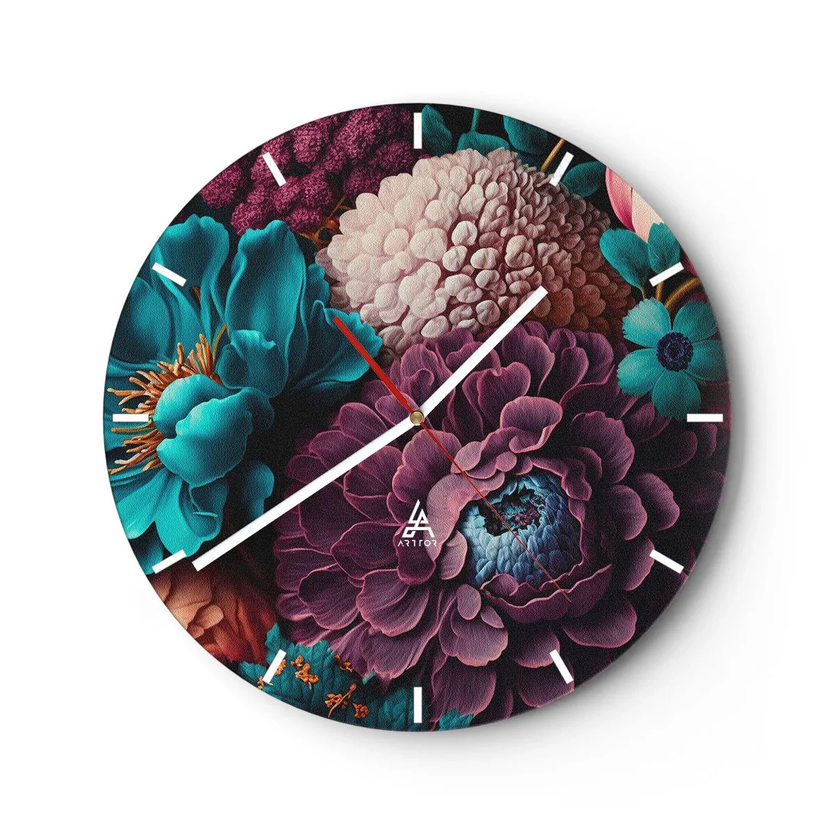 Falióra, Óra - Gazdag, sötét és türkiz virágokból álló csokor részletekkel - 30x30cm - A természet bőségében - Modern fali dekoráció nappalihoz, konyhához és hálószobához ARTTOR