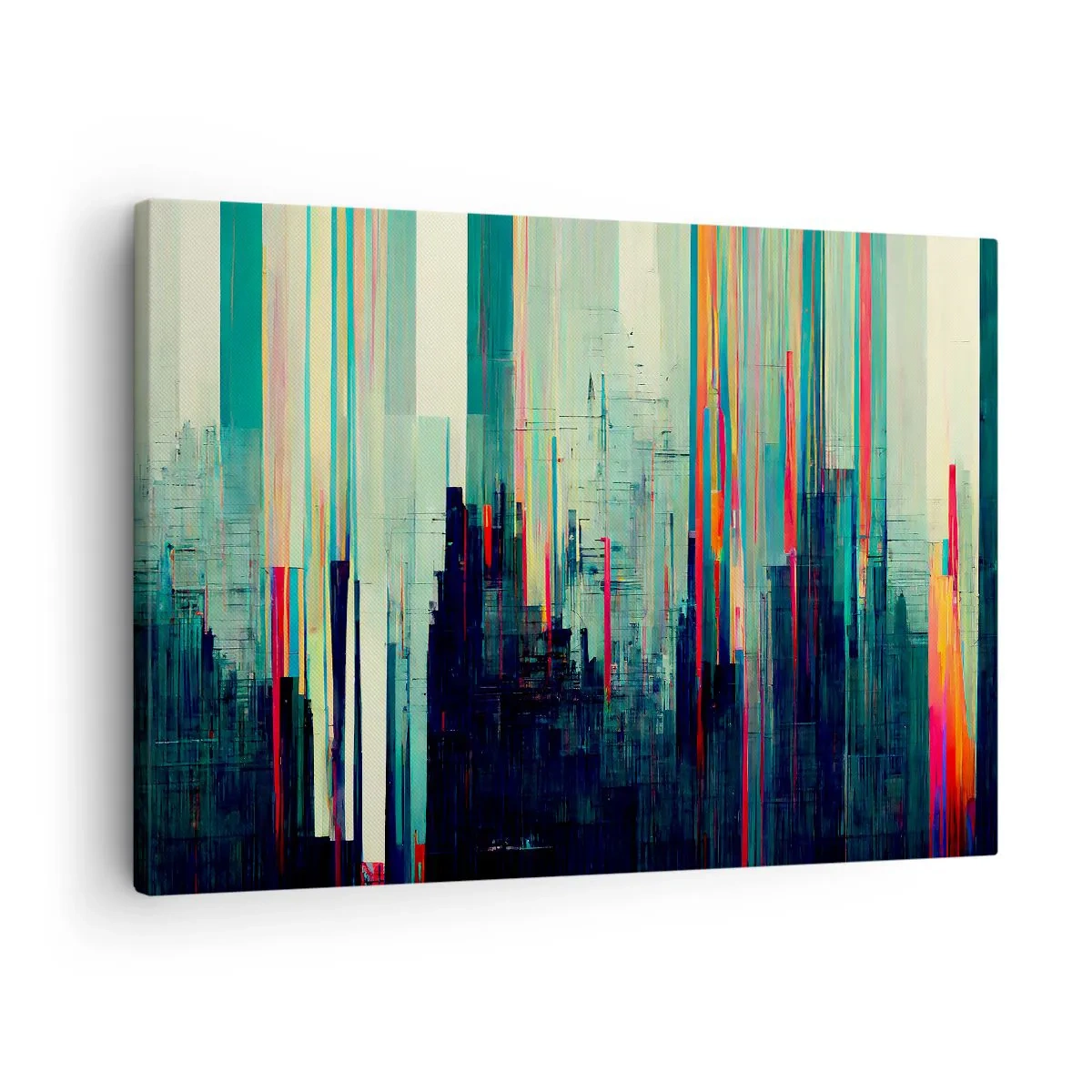 Vászonkép - Absztrakció függőleges vonalakkal és város látképével - 70x50cm - Futurisztikus város - Modern fali dekoráció nappalihoz és hálószobához ARTTOR