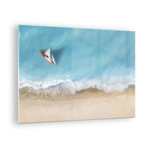 Üveg kép - Egy vitorlás az azúrkék tengeren, egy homokos strand mellett - 70x50cm - A kék és az arany határán - Modern fali dekoráció nappalihoz és hálószobához ARTTOR
