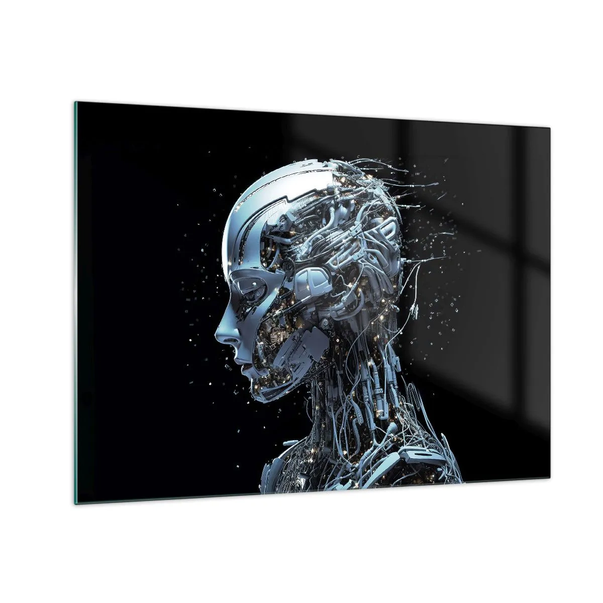 Üveg kép - Női robot profilja vezetékekkel és mechanizmusokkal - 70x50cm - A technológia egy nő - Modern fali dekoráció nappalihoz és hálószobához ARTTOR