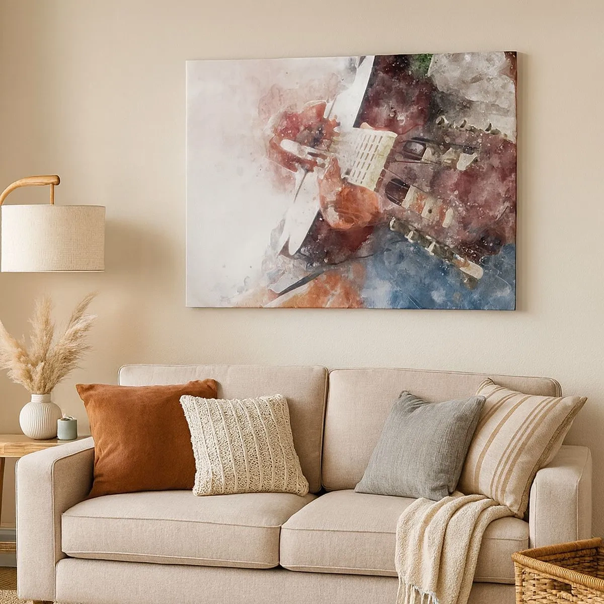 Vászonkép - Egy művészi megközelítése egy gitárnak akvarell stílusban - 70x50cm - És mit gondolsz róla? - Modern fali dekoráció nappalihoz és hálószobához ARTTOR