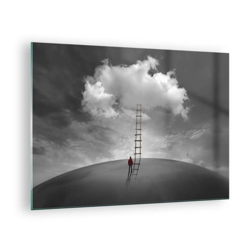 Üveg kép - Egy személy egy létrát néz, amely egy felhőhöz vezet. - 70x50cm - Minden lehetséges - Modern fali dekoráció nappalihoz és hálószobához ARTTOR