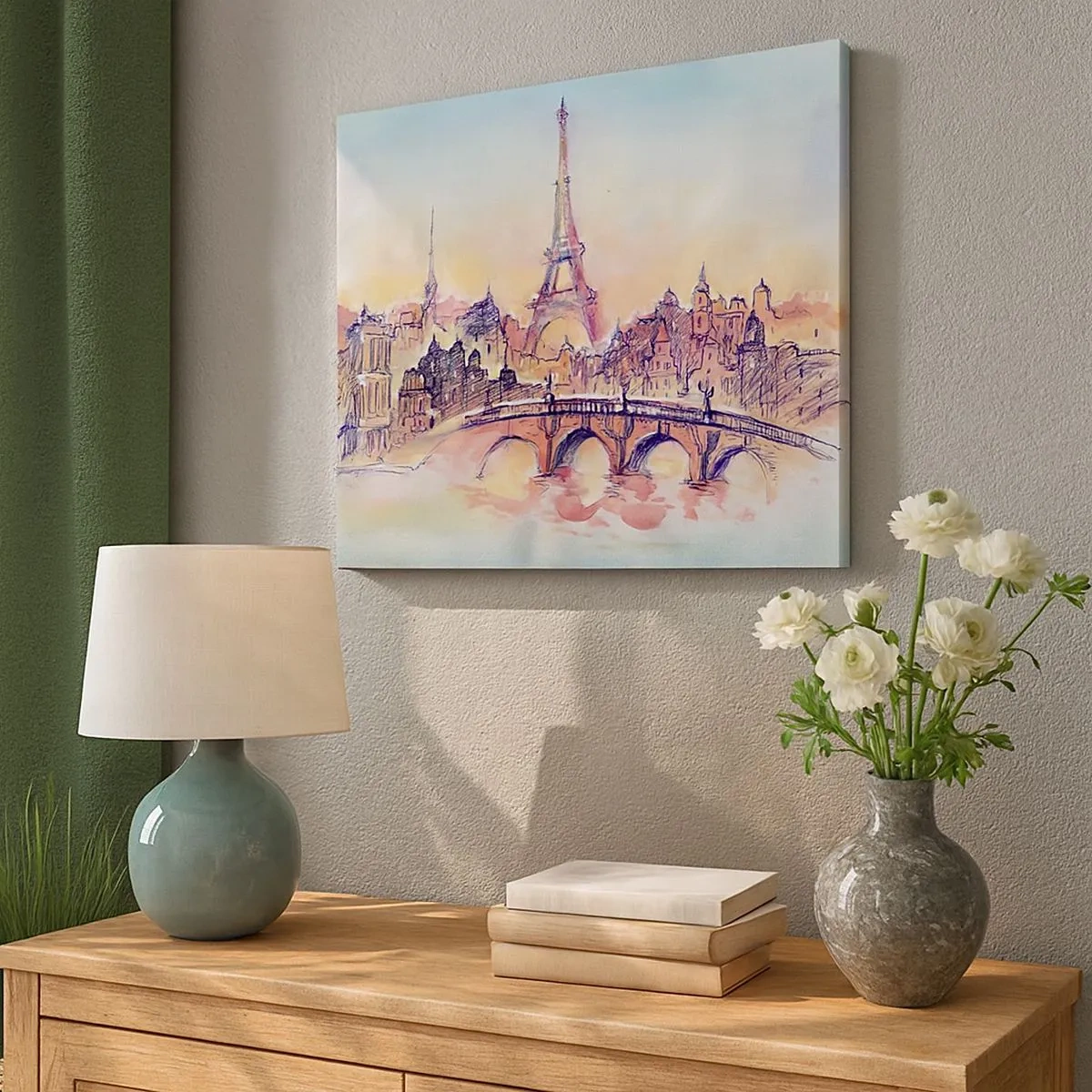 Vászonkép - Akvarell panoráma Párizsról az Eiffel-toronnyal naplementekor - 70x50cm - Az egyetlen ilyen város a világon - Modern fali dekoráció nappalihoz és hálószobához ARTTOR