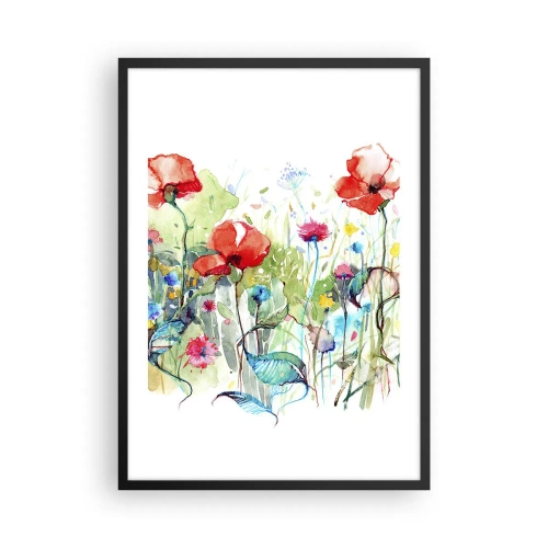 Poszter fehér keretben - Egy akvarellfestmény egy rétről pipacsokkal és vadvirágokkal. - 50x70cm - Virágzó májusi rét - Modern fali dekoráció nappalihoz és hálószobához ARTTOR
