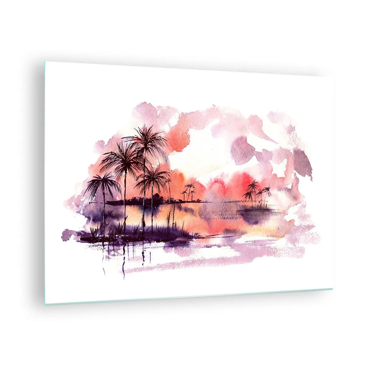 Üveg kép - Trópusi táj naplementekor akvarellben - 70x50cm - A trópusok nyugalma vörösben - Modern fali dekoráció nappalihoz és hálószobához ARTTOR