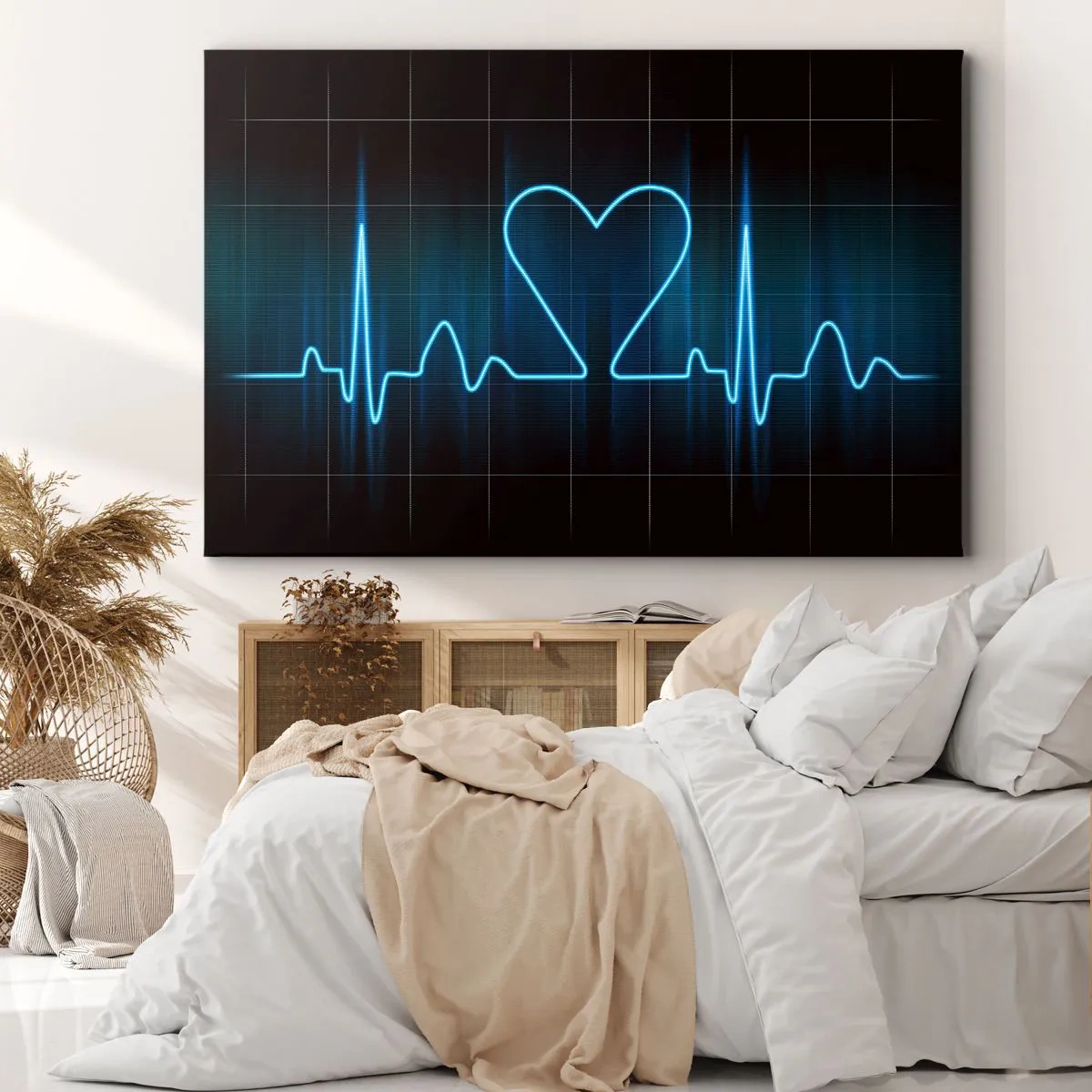 Vászonkép - Egy mentőöv szívvel, kék árnyalatú orvosi megfigyelési háttér előtt. - 70x50cm - A szív ritmusában - Modern fali dekoráció nappalihoz és hálószobához ARTTOR
