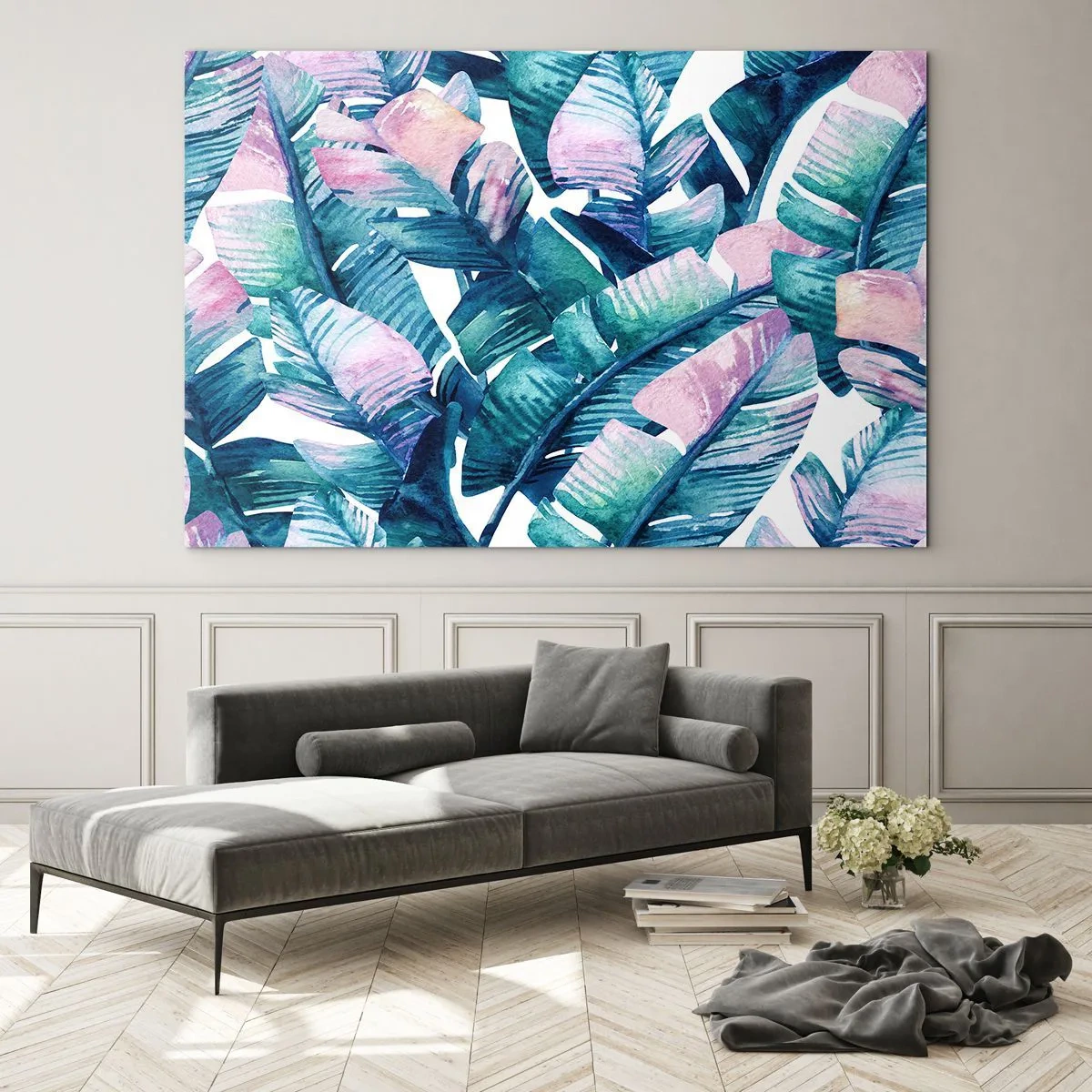 Üveg kép - Banánlevelek pasztell árnyalatokban fehér alapon - 70x50cm - Egy banánligetben - Modern fali dekoráció nappalihoz és hálószobához ARTTOR