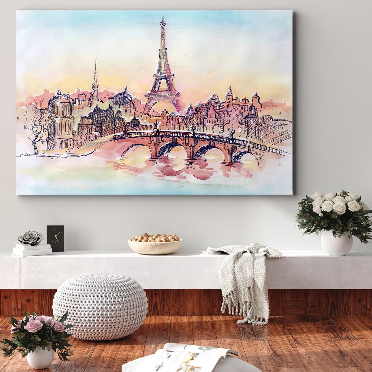 Vászonkép - Akvarell panoráma Párizsról az Eiffel-toronnyal naplementekor - 70x50cm - Az egyetlen ilyen város a világon - Modern fali dekoráció nappalihoz és hálószobához ARTTOR