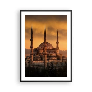 Poszter fehér keretben - Mecset naplementekor meleg színekkel - 50x70cm - Isten hatalmas - Modern fali dekoráció nappalihoz és hálószobához ARTTOR