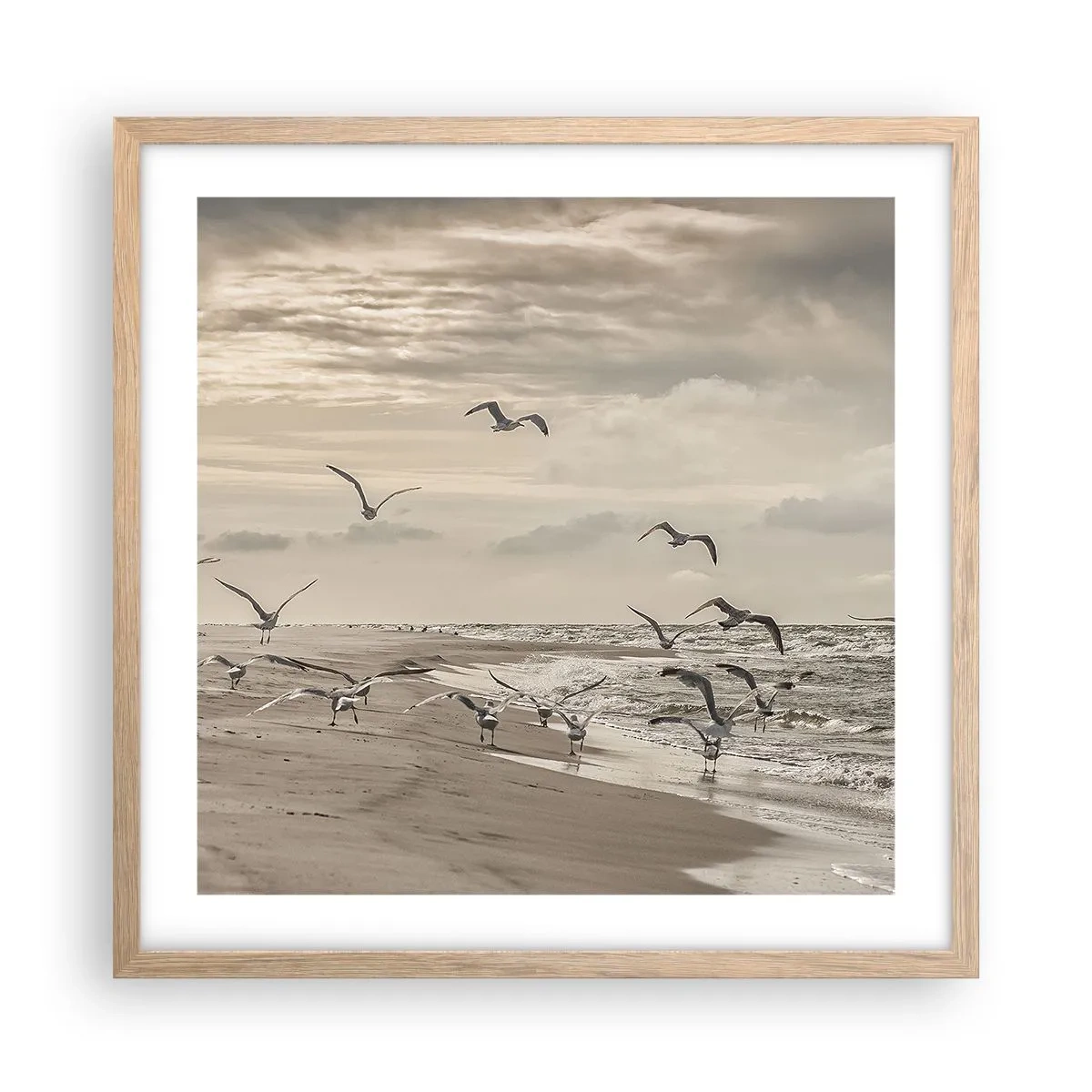 Poszter világos tölgy keretben - A tenger hangja, a madarak éneke - 50x50 cm
