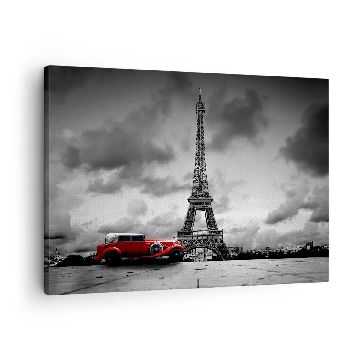 Vászonkép - Piros retró autó az Eiffel-torony előtt fekete-fehérben - 70x50cm - Nem olyan régen a Párizsban - Modern fali dekoráció nappalihoz és hálószobához ARTTOR