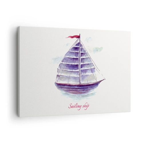 Vászonkép - Egy vitorláshajót ábrázoló akvarellfestmény a vízen, finom felirattal - 70x50cm - Teli vitorlákat és nyugodt vizet - Modern fali dekoráció nappalihoz és hálószobához ARTTOR