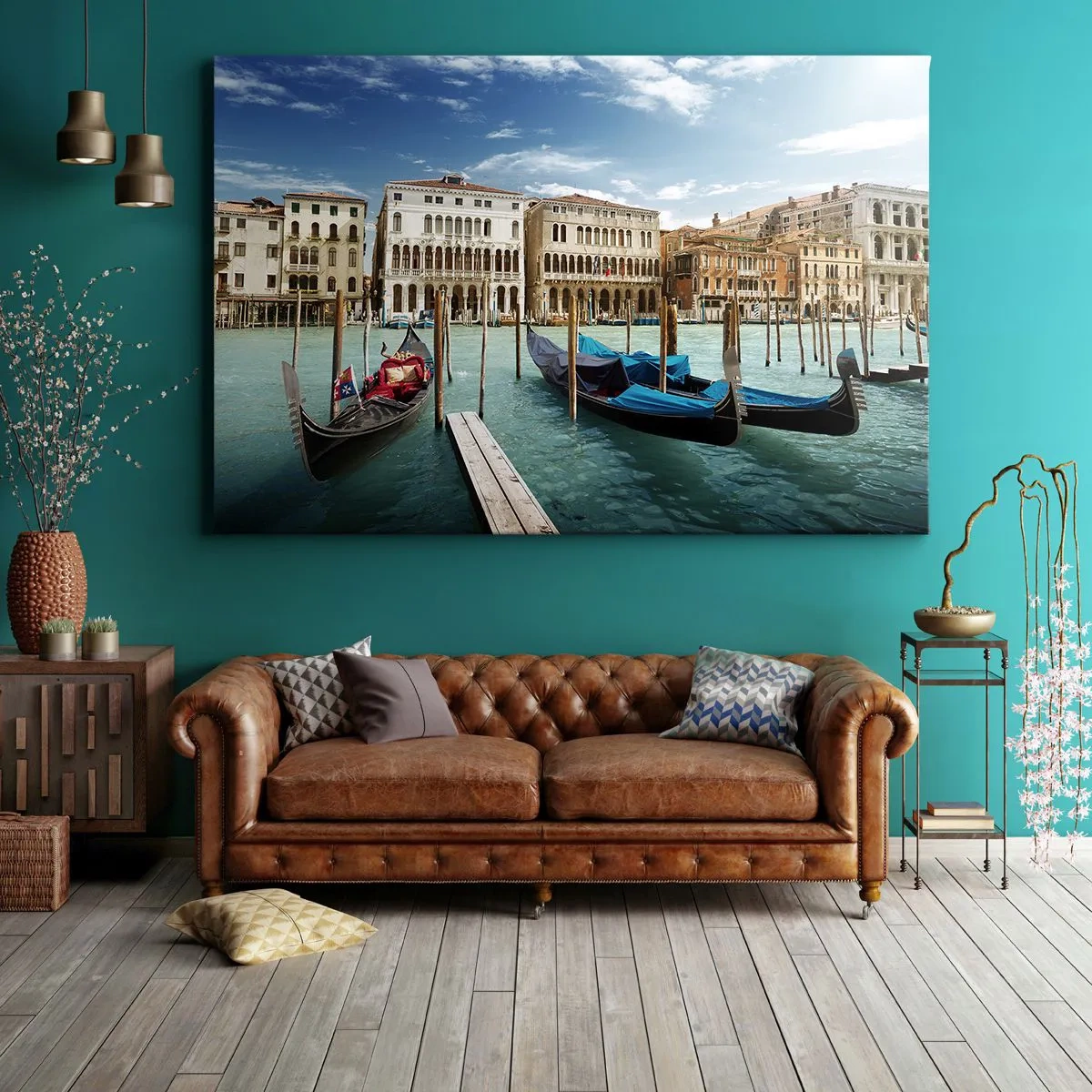 Vászonkép - Velence, gondolákkal és palotákkal az égen - 70x50cm - Paloták kékben - Modern fali dekoráció nappalihoz és hálószobához ARTTOR