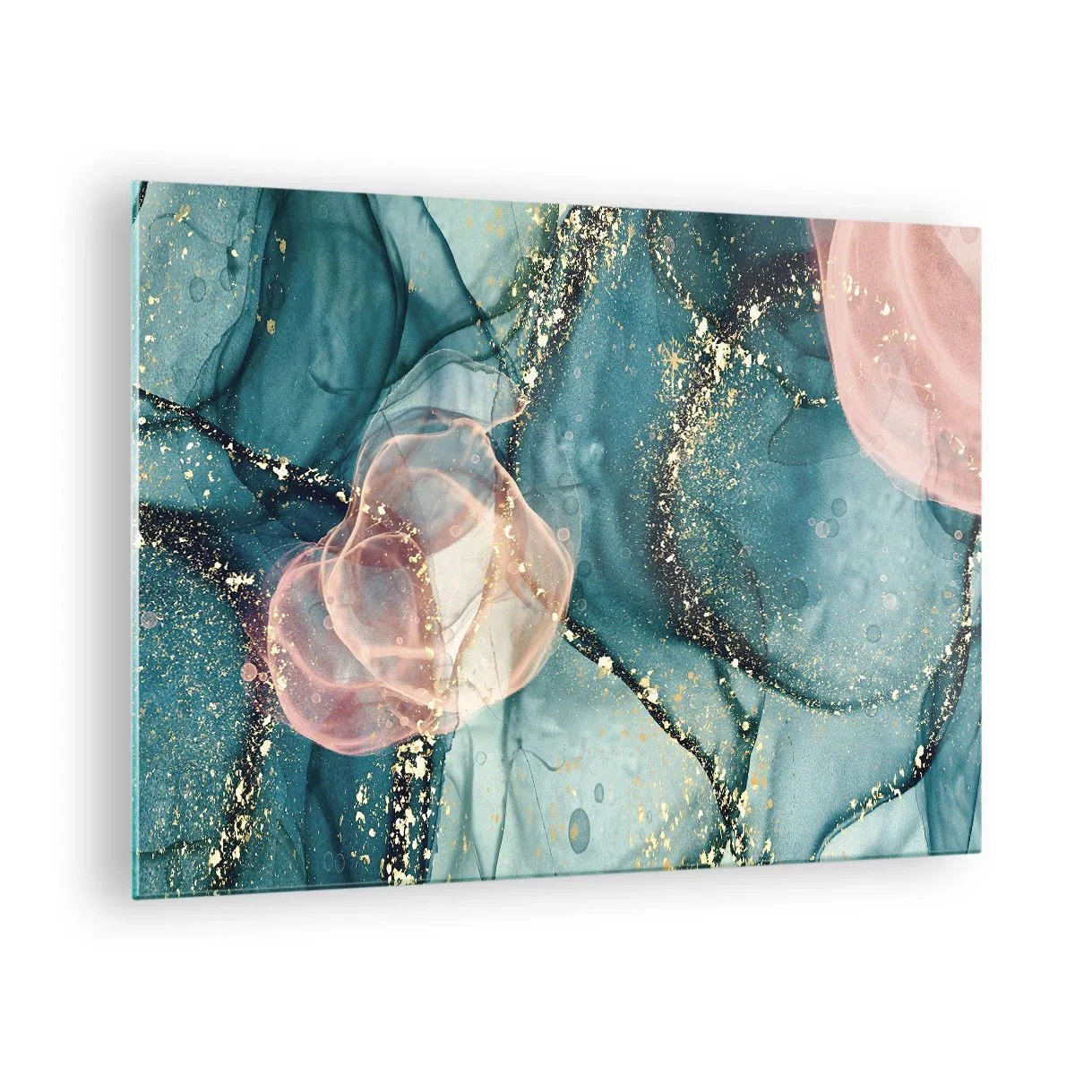 Üveg kép - Absztrakt formák kék és rózsaszín színben, arany részletekkel - 70x50cm - Selyemkék, tüll rózsaszín - Modern fali dekoráció nappalihoz és hálószobához ARTTOR