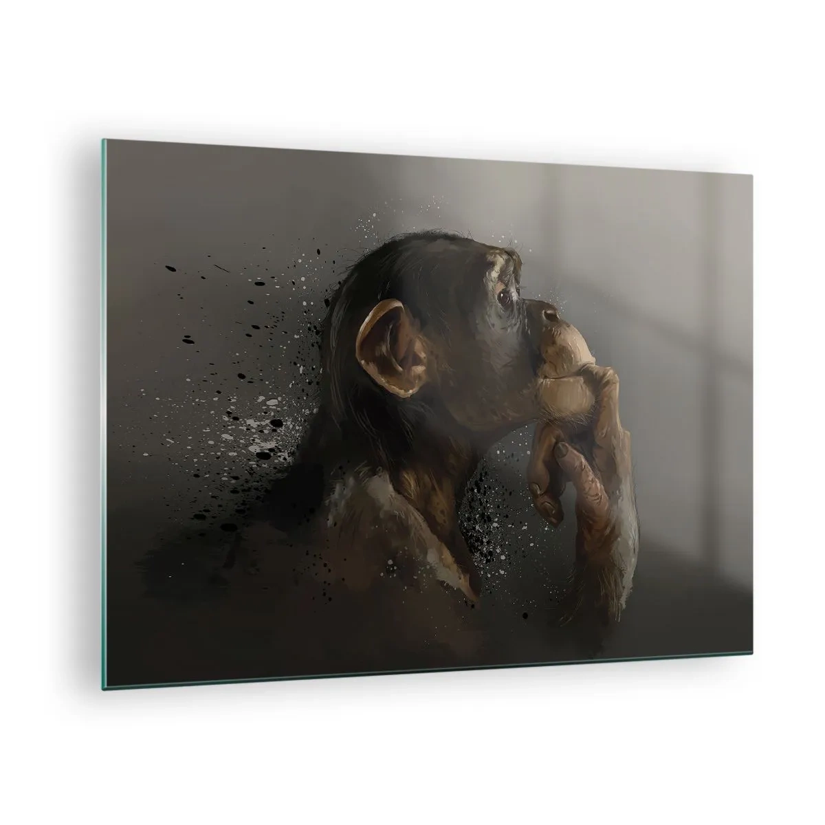 Üveg kép - Egy majom, aki elgondolkodva néz egy sötét, fröccsenő hatású háttér előtt - 70x50cm - Biztosan gondolkodó - Modern fali dekoráció nappalihoz és hálószobához ARTTOR