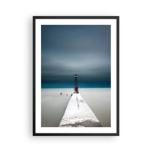 Poszter fehér keretben - Egy világítótorony a móló végén minimalista stílusban - 50x70cm - A végtelenség irányába - Modern fali dekoráció nappalihoz és hálószobához ARTTOR