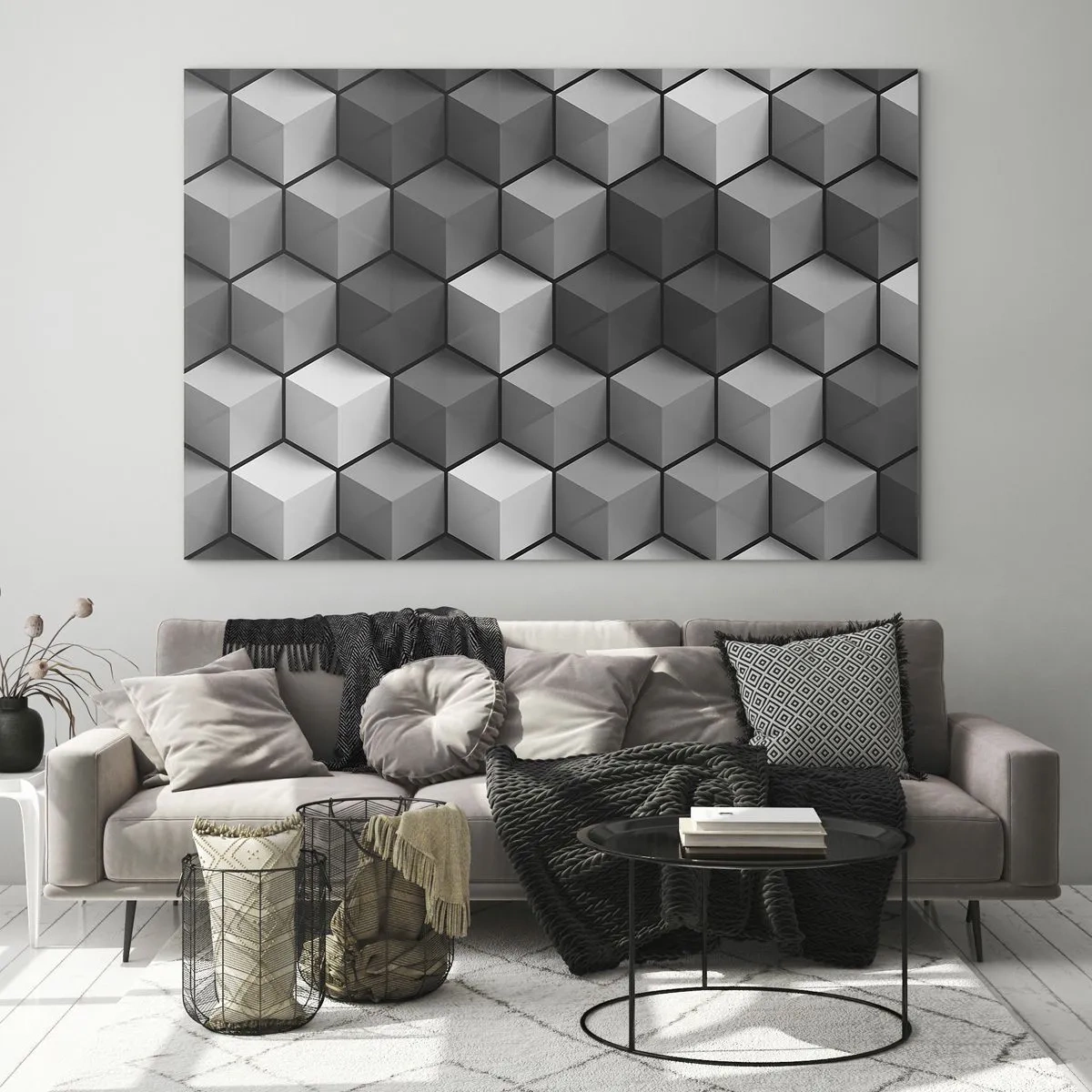 Üveg kép - Geometriai kockák szürke árnyalatokban - 70x50cm - Kubista kirakós - Modern fali dekoráció nappalihoz és hálószobához ARTTOR