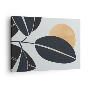 Vászonkép - Minimalista levélmotívum, háttérben egy ragyogó nappal. - 70x50cm - Egy forró nyári nap - Modern fali dekoráció nappalihoz és hálószobához ARTTOR