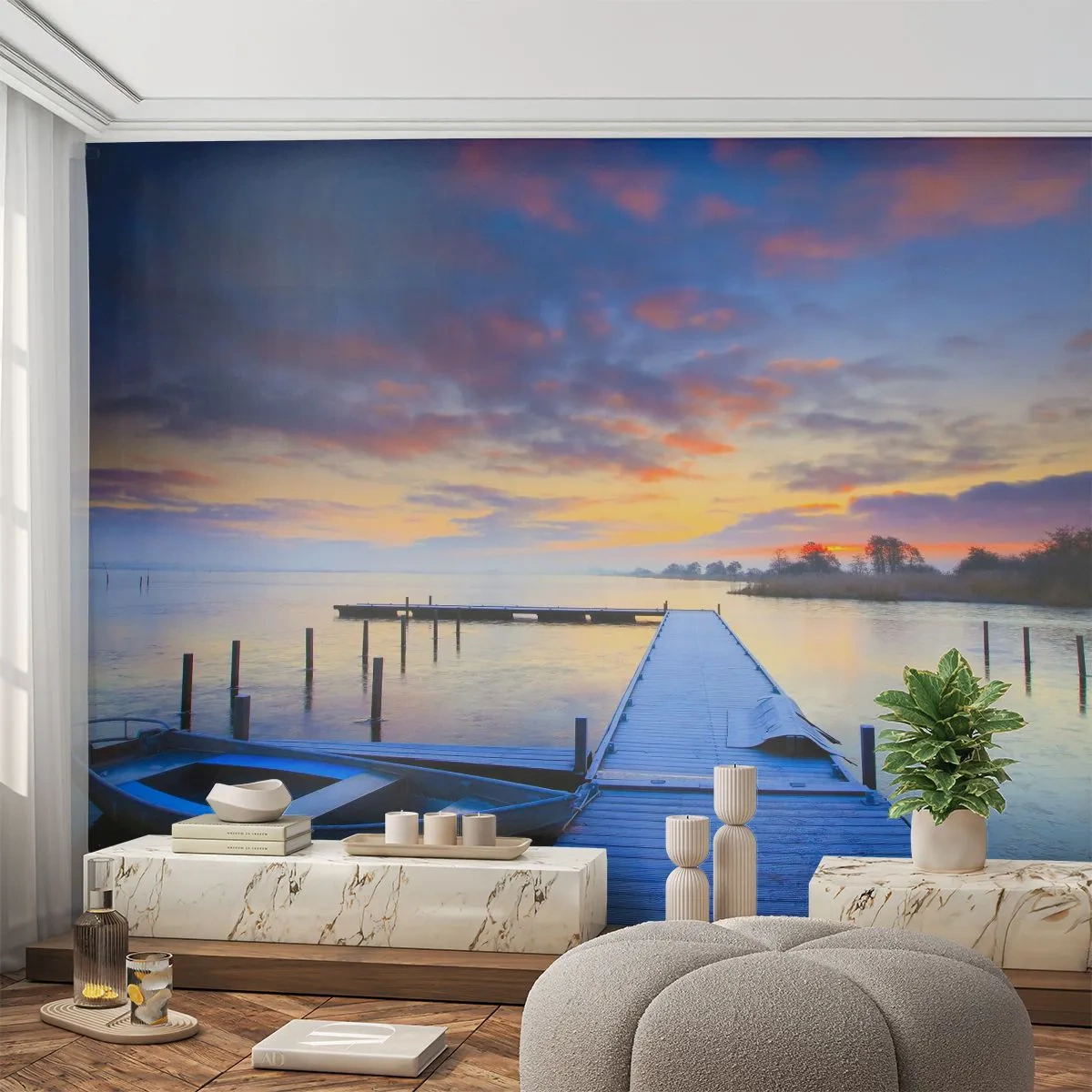 Fotótapéta Premium Canvas - Lila-arany nyugalom - Tájkép, Tó, Hajó - 250x175 cm