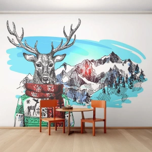 Fotótapéta Standard Eco - Egy szarvas téli pulóverben és sálban egy hegyi táj előtt - 100x70cm - Még a szarvas sem fázik  - Modern fali dekoráció nappalihoz és hálószobához ARTTOR