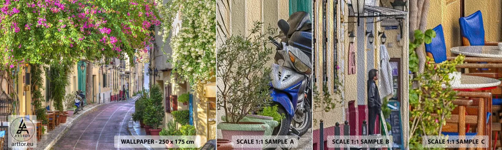 Fotótapéta Minta Premium Sand - Virágzó sikátor - Építészet, Görögország, Város - 100x30 cm