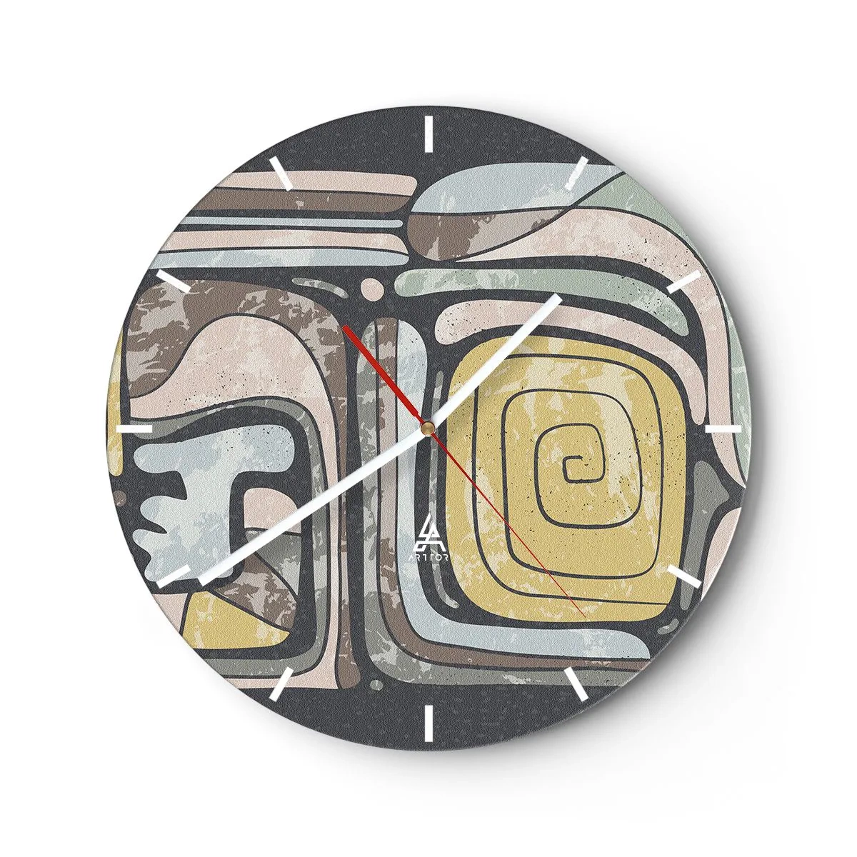 Falióra, Óra - Absztrakt formák spirális motívummal etnikai stílusban - 30x30cm - Absztrakció pre-kolumbián szellemben - Modern fali dekoráció nappalihoz, konyhához és hálószobához ARTTOR