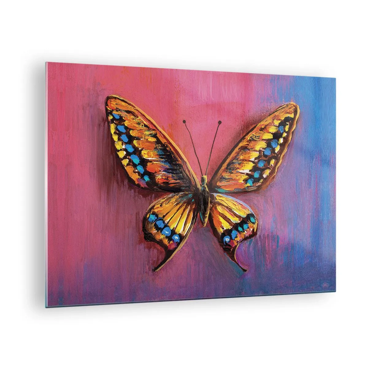 Üveg kép - Egy színes pillangó rózsaszín és lila árnyalatú háttéren - 70x50cm - A természet gyöngye - Modern fali dekoráció nappalihoz és hálószobához ARTTOR