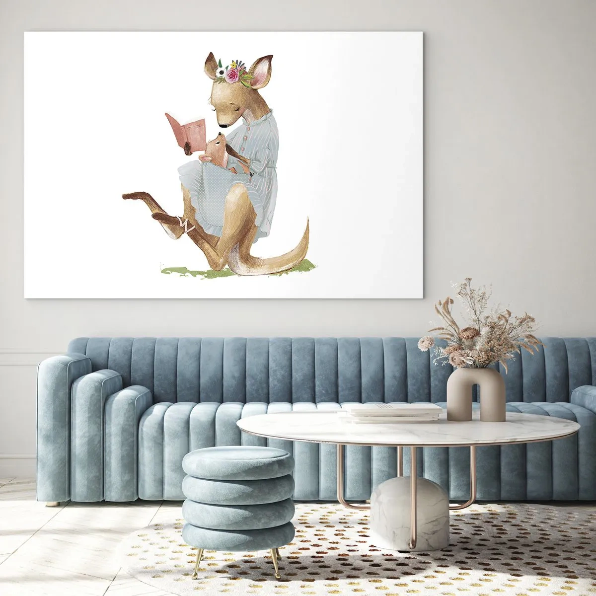 Üveg kép - Egy anyakenguru könyvet olvas egy bébikengurunak - 70x50cm - Olvass nekem anya - Modern fali dekoráció nappalihoz és hálószobához ARTTOR