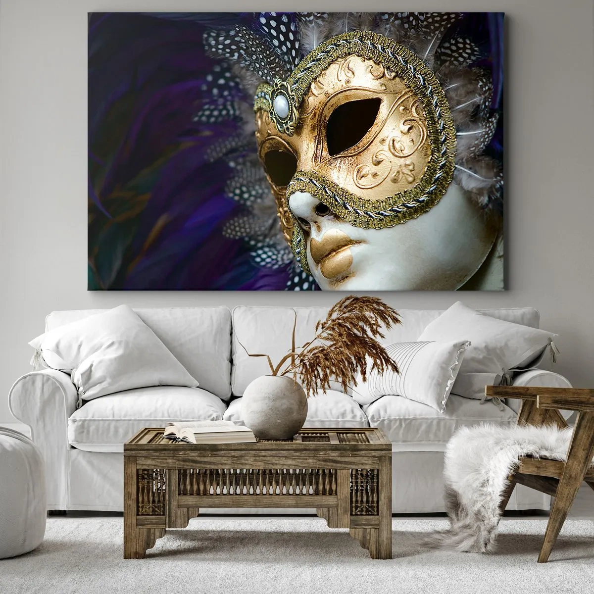 Vászonkép - Arany velencei maszk dekoratív tollakkal és díszekkel - 70x50cm - Velencei portré aranyban - Modern fali dekoráció nappalihoz és hálószobához ARTTOR