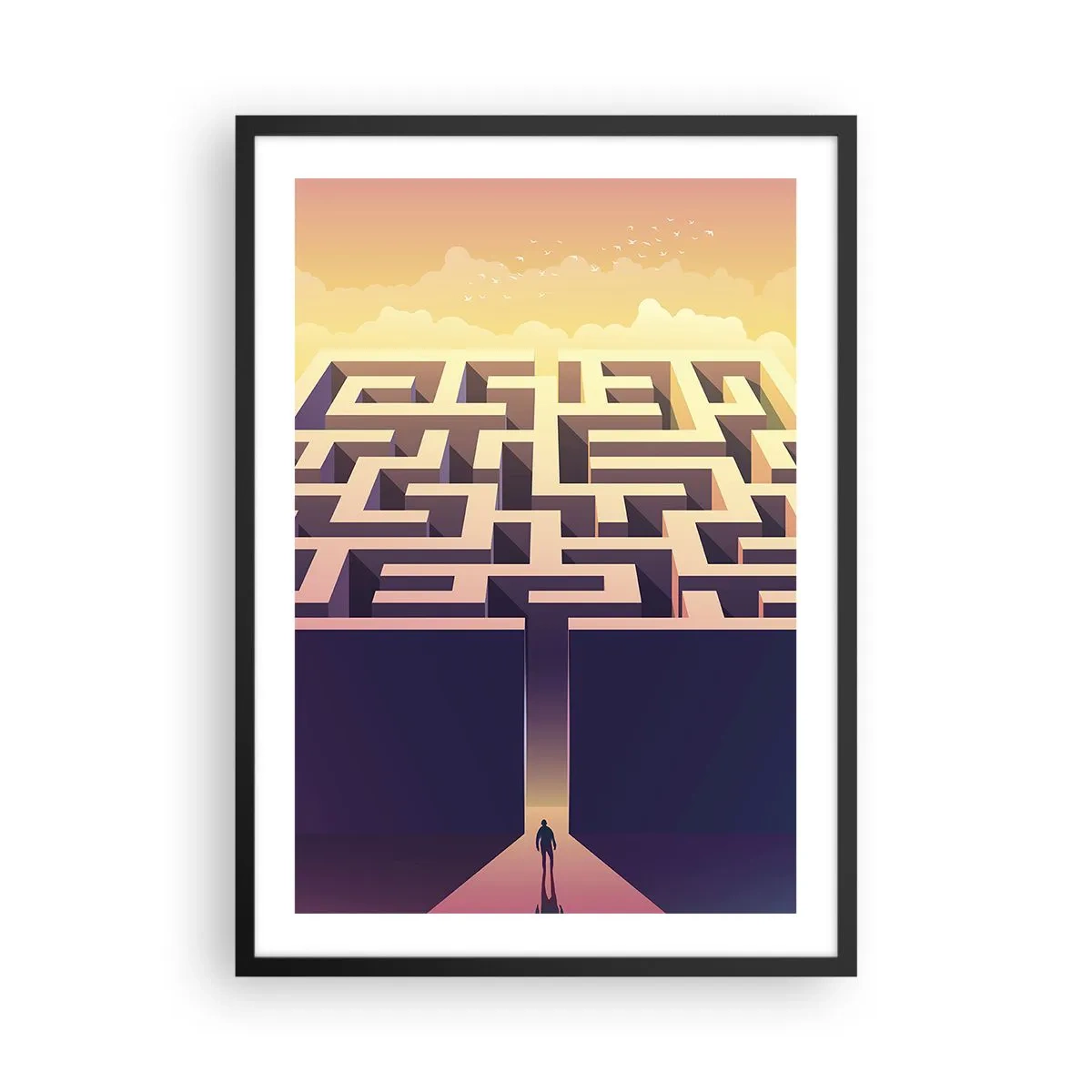 Poszter fehér keretben - Egy szimbolikus labirintus arany fényben - 50x70cm - Döntés ideje - Modern fali dekoráció nappalihoz és hálószobához ARTTOR